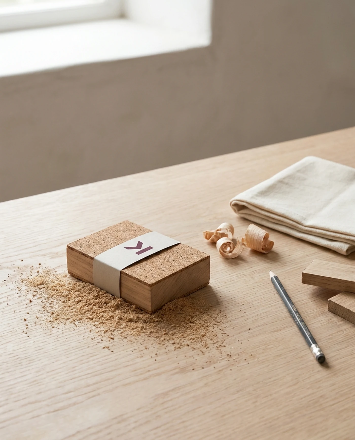 Sanding Block, Cork-Faced Hardwood — in use on the workbench