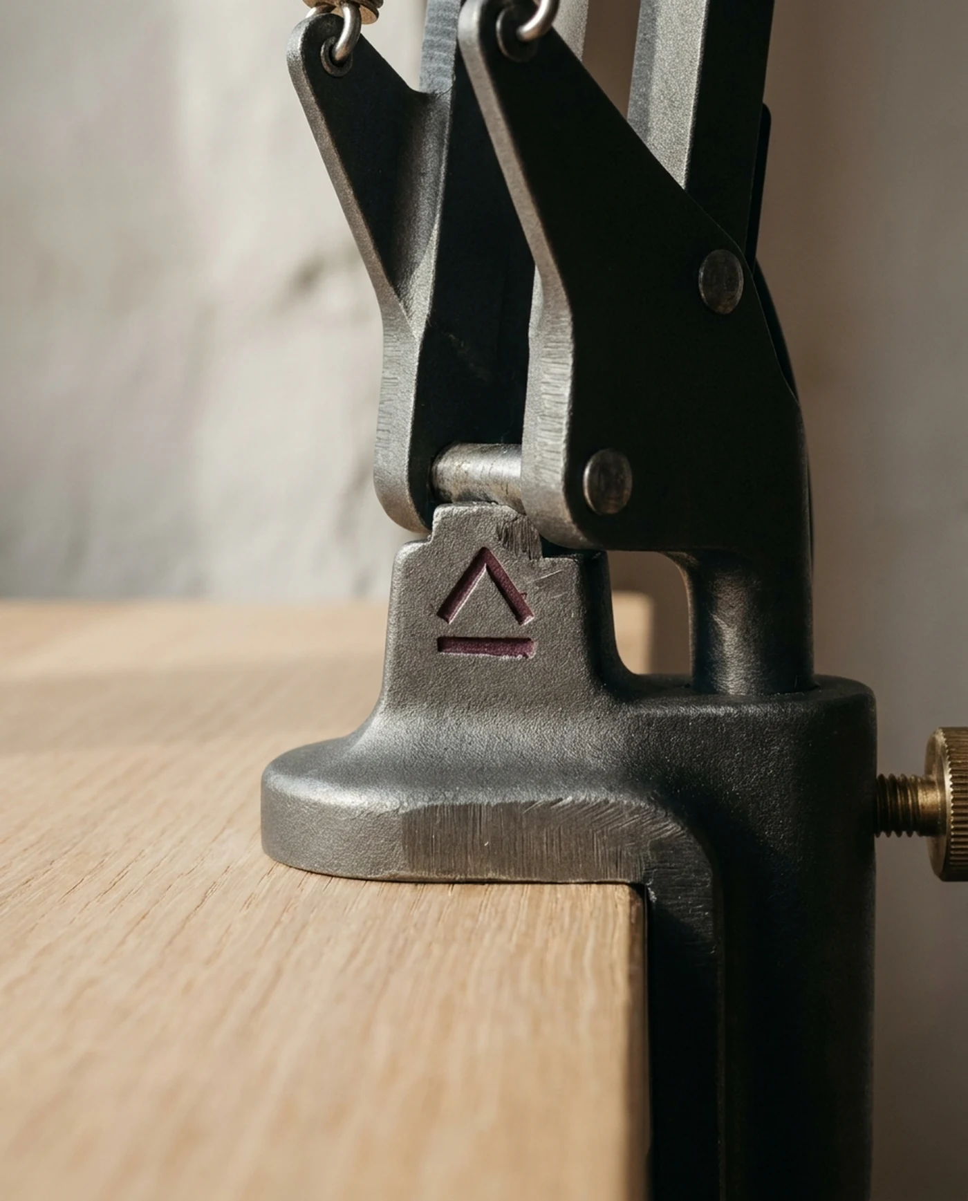 Clamp-On Bench Lamp, Articulated Arm — material and maker's mark detail
