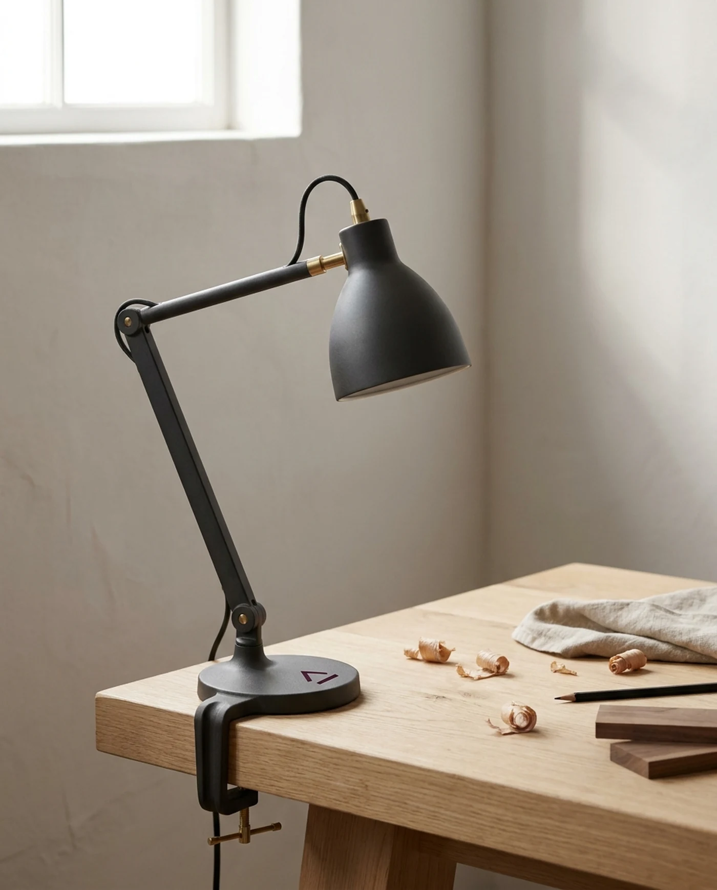 Clamp-On Bench Lamp, Articulated Arm — in use on the workbench
