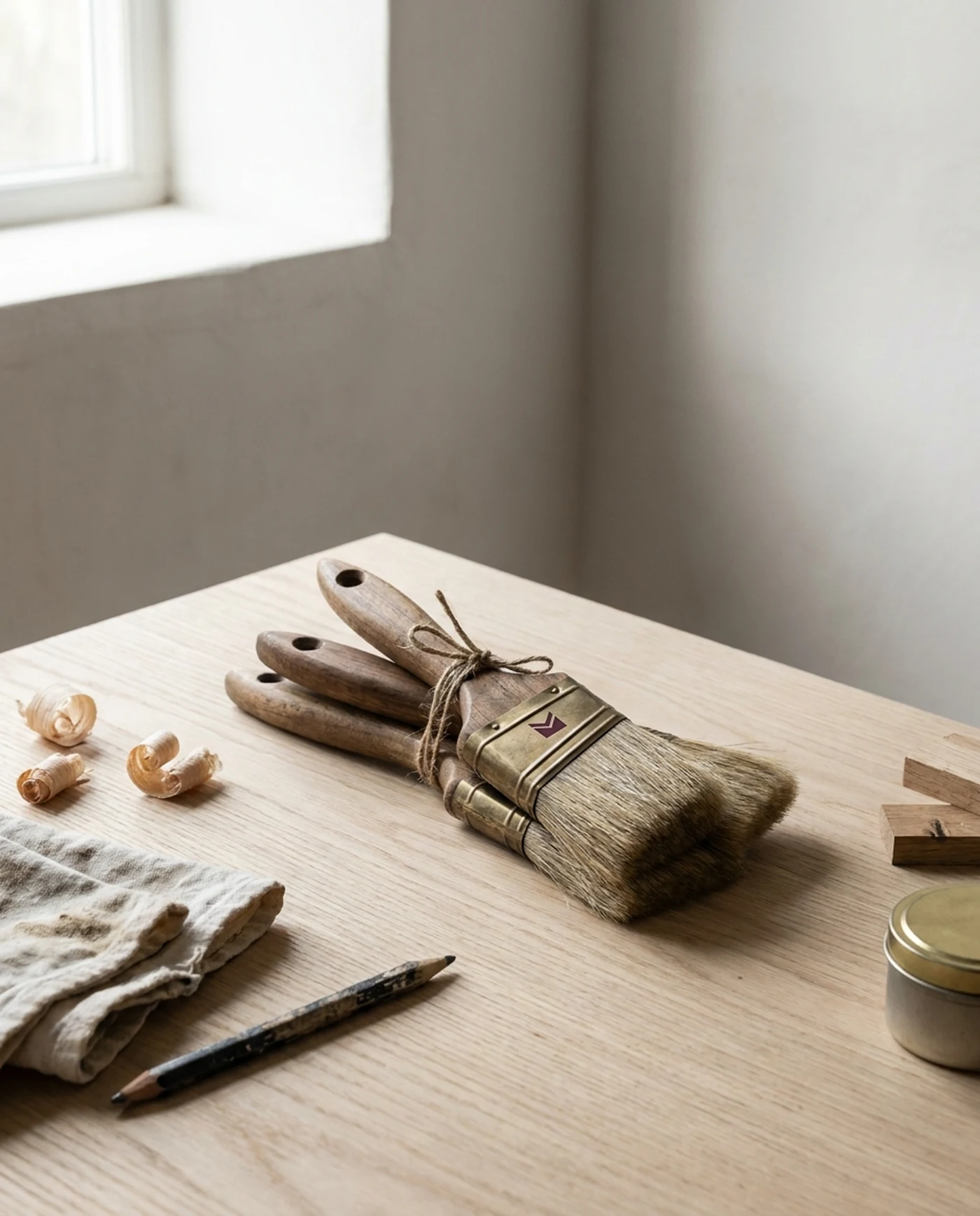Finishing Brush Set, Ox-Hair Three — in use on the workbench