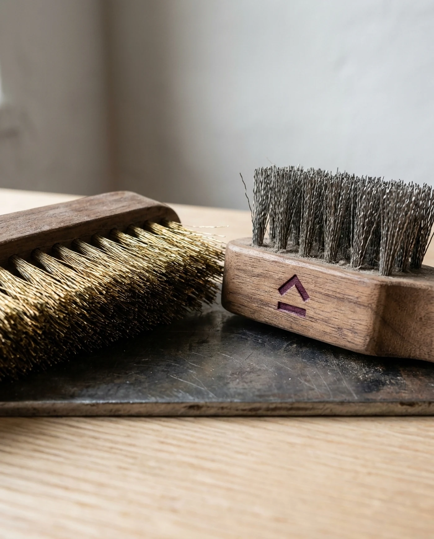 Wire Brush Set, Brass & Steel Pair — material and maker's mark detail