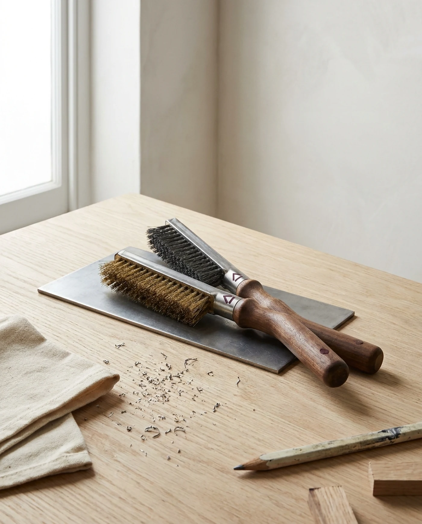 Wire Brush Set, Brass & Steel Pair — in use on the workbench