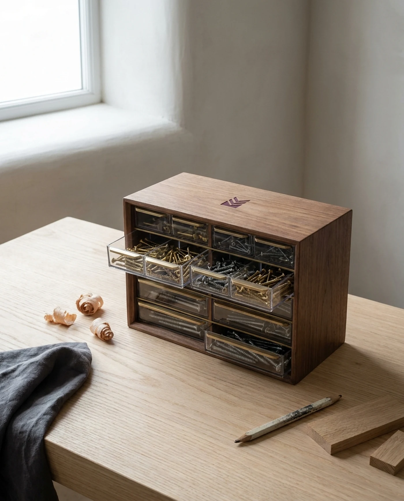 Fastener Assortment, 1,200-Piece Cabinet — in use on the workbench