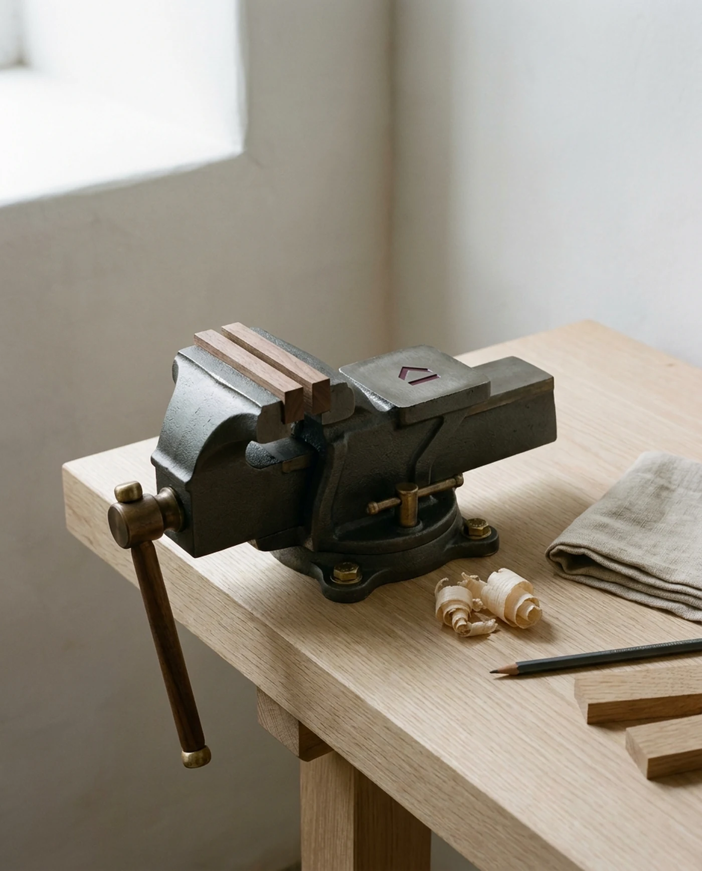 Bench Vice, 6in Cast Iron — in use on the workbench