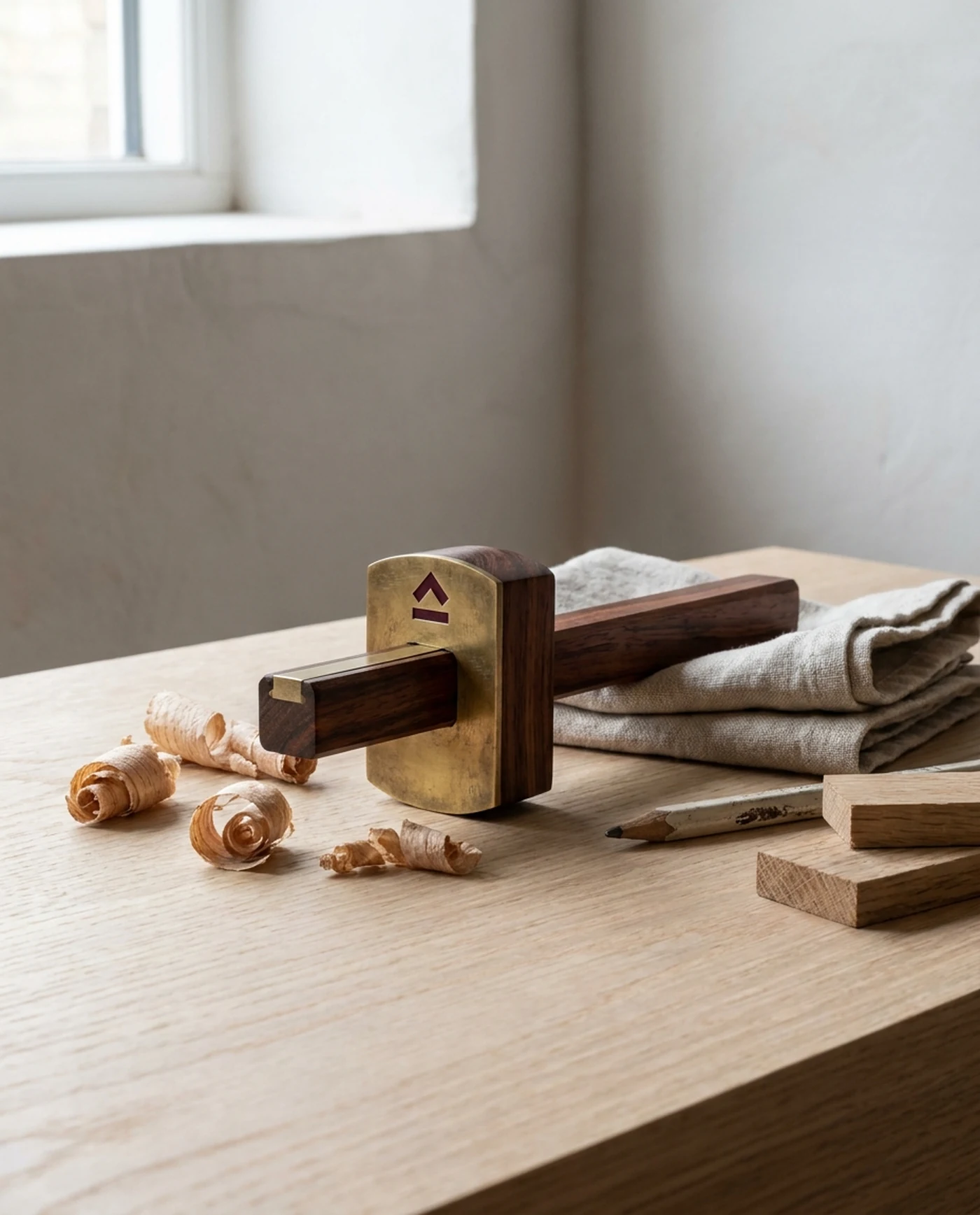 Marking Gauge, Brass-Faced Rosewood — in use on the workbench