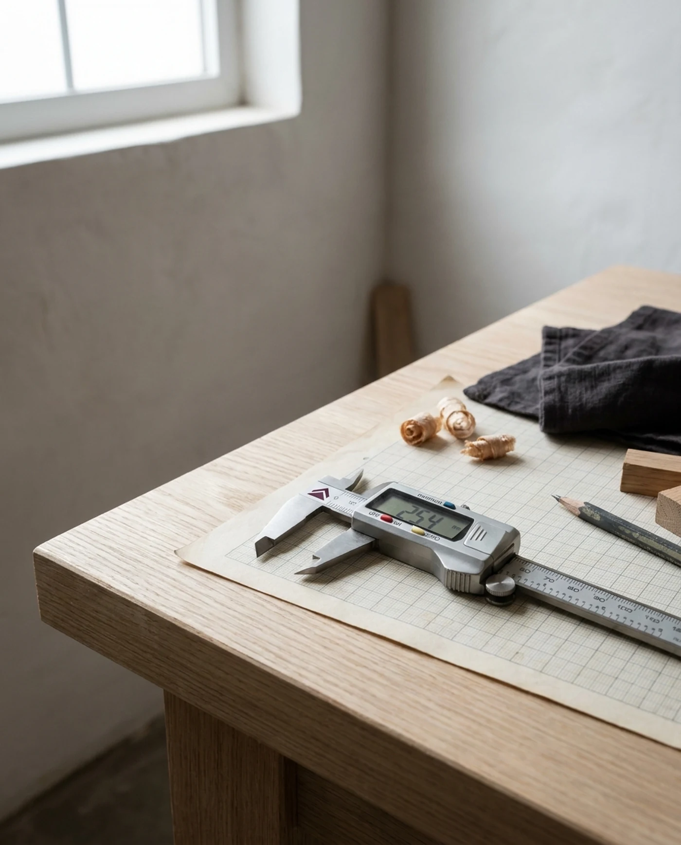 Digital Caliper, 150mm Stainless — in use on the workbench