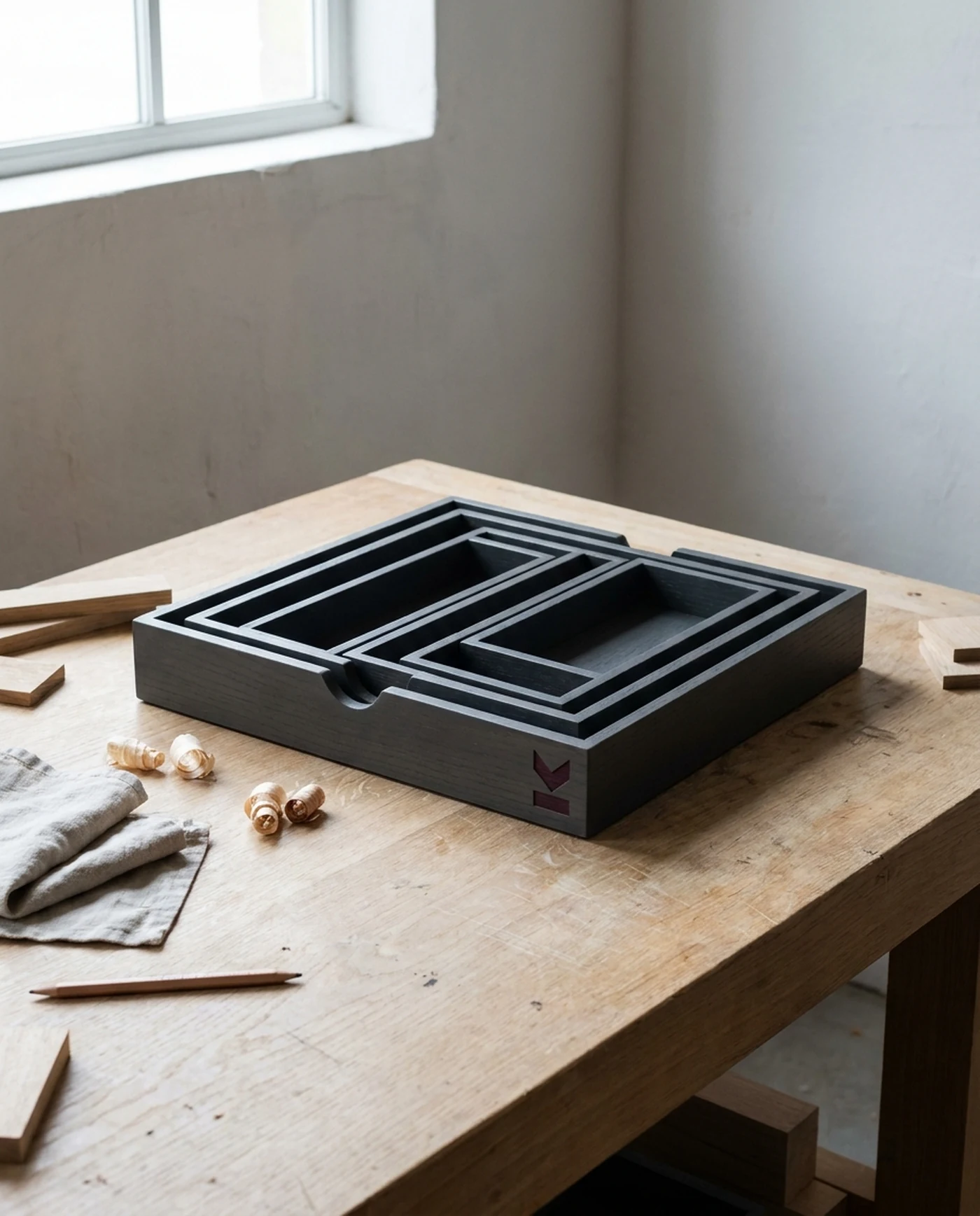 Drawer Organiser Set, 6 Interlocking Trays — in use on the workbench
