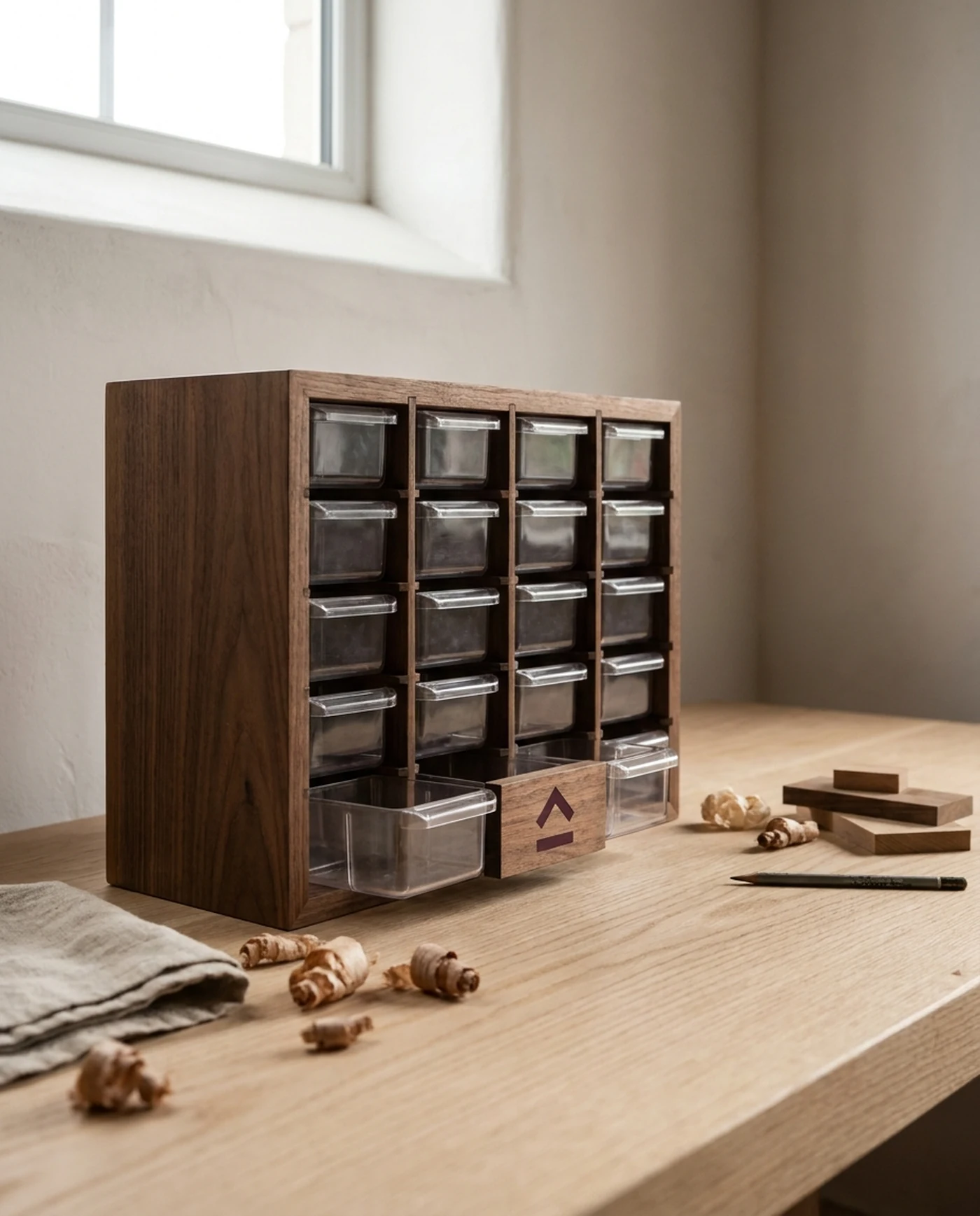Small Parts Cabinet, 24 Clear Drawers โ in use on the workbench