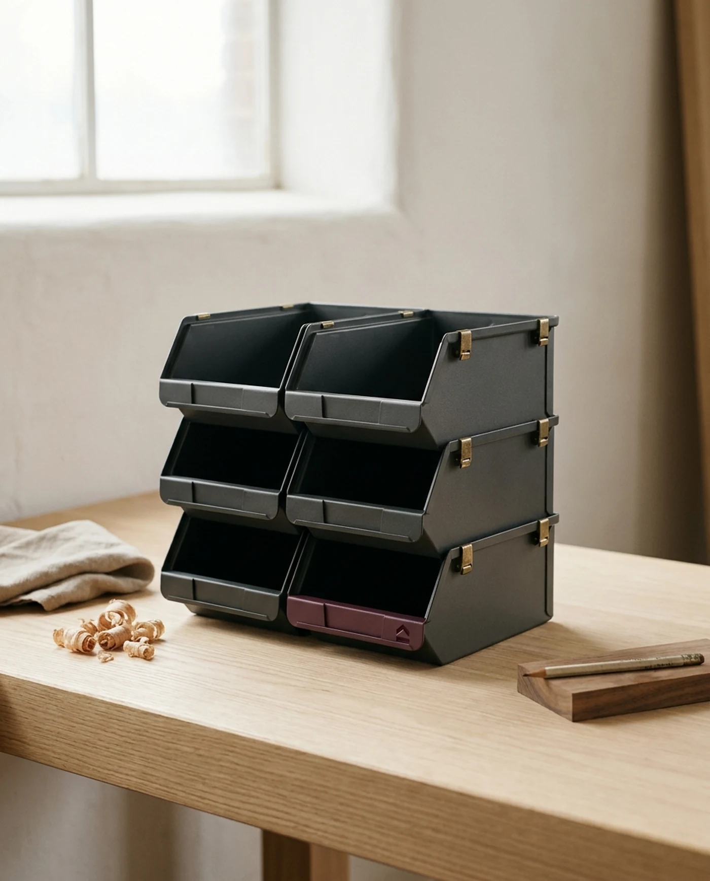 Stackable Shop Bins, Set of 8 โ in use on the workbench