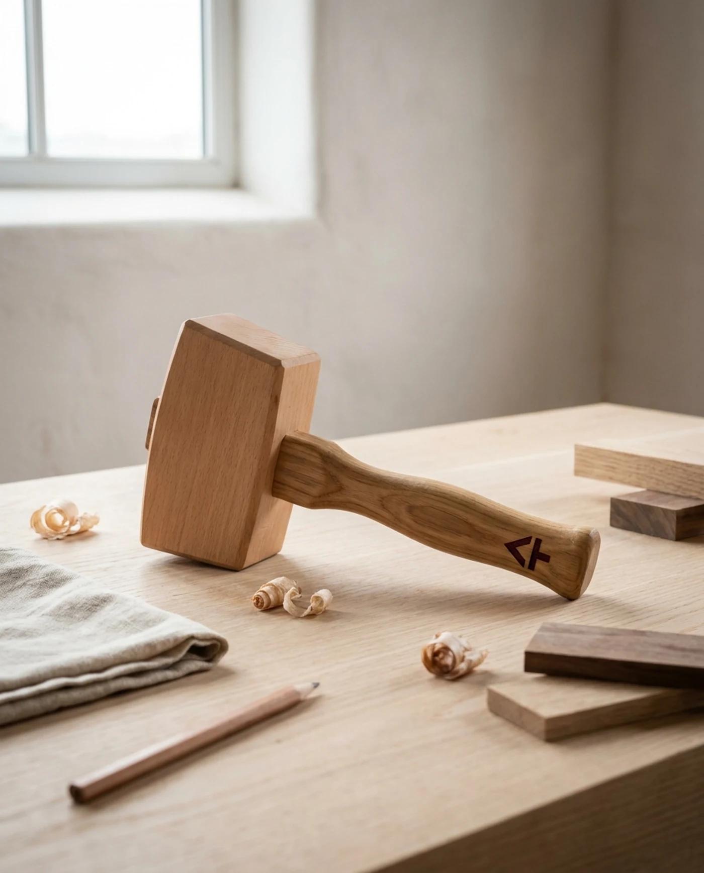 Hardwood Mallet, 24oz Hickory Handle — in use on the workbench
