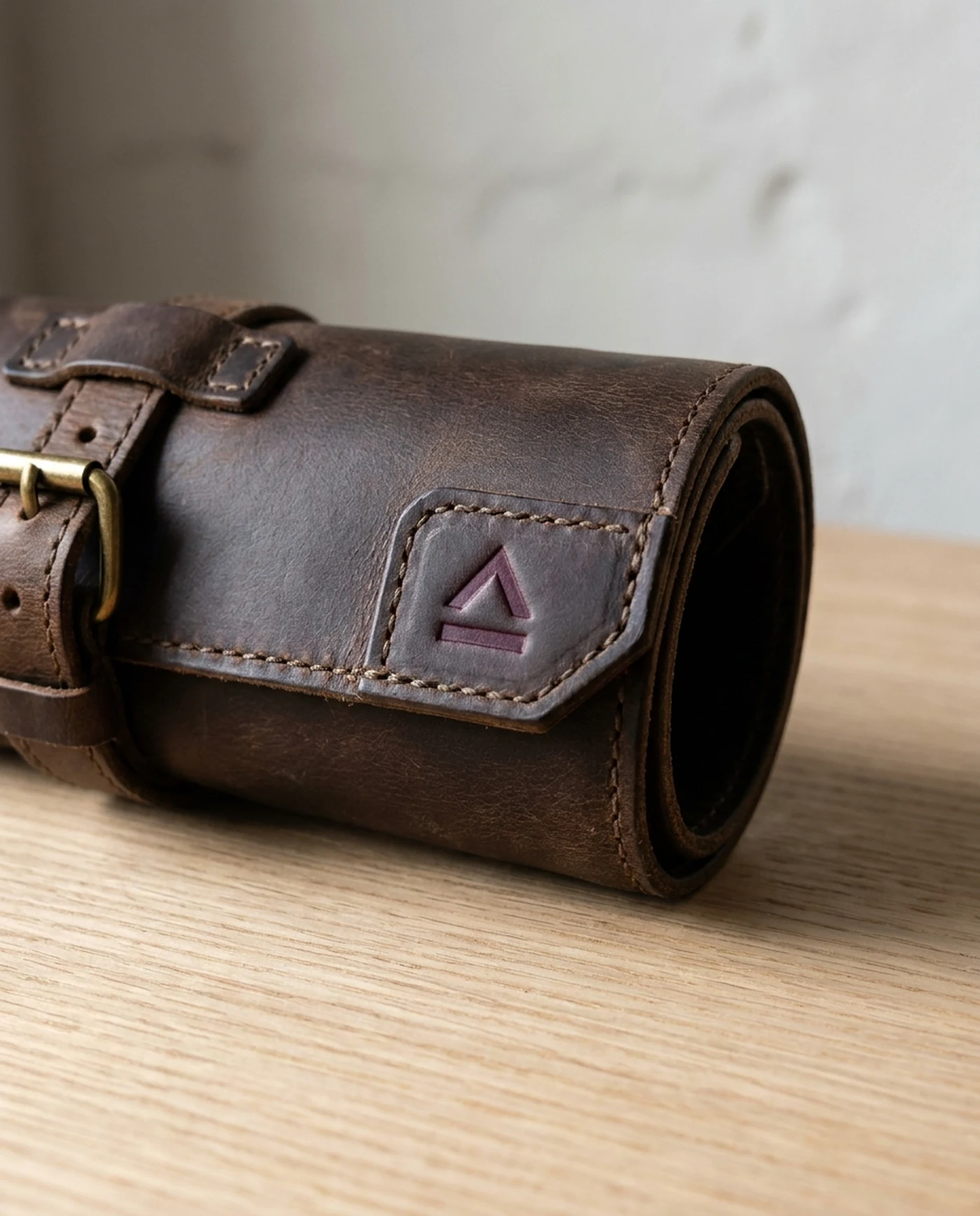 Leather Tool Roll, Oiled Harness Hide — material and maker's mark detail