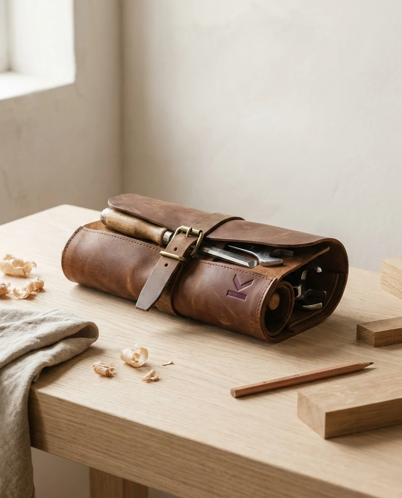 Leather Tool Roll, Oiled Harness Hide — in use on the workbench