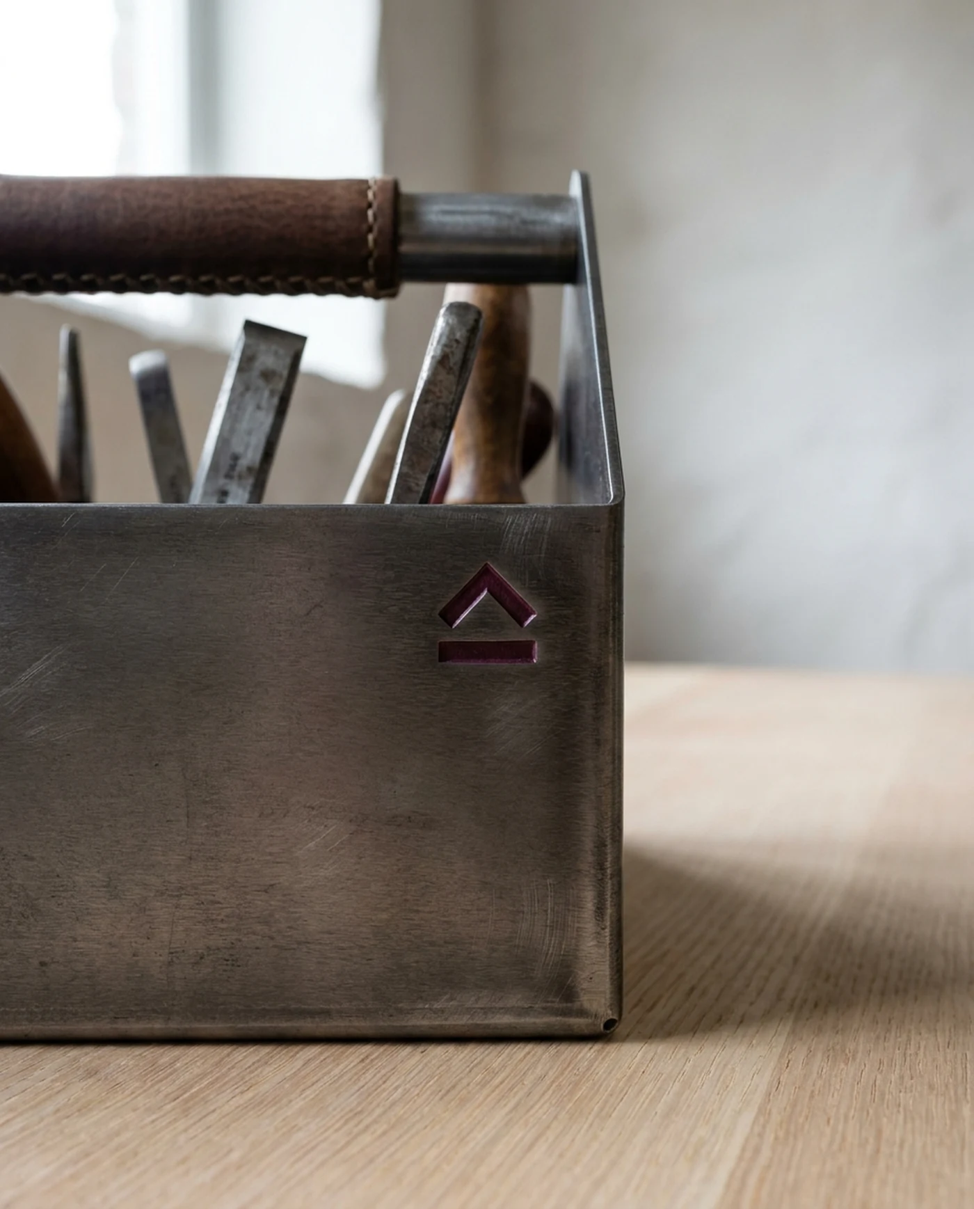 Tool Tote, 20in Steel with Leather Grips โ material and maker's mark detail