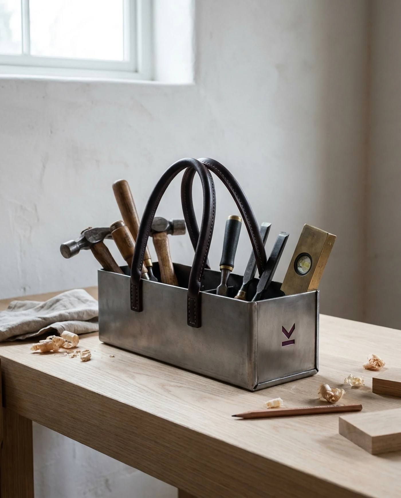 Tool Tote, 20in Steel with Leather Grips โ in use on the workbench